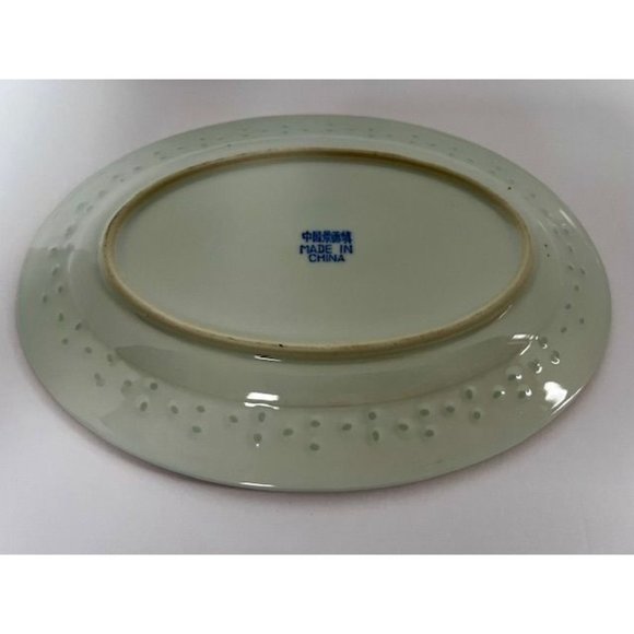 Vintage Chinese Porcelain Rice Flower Oval Bowl Pink Blue Gold Trim - Picture 3 of 6